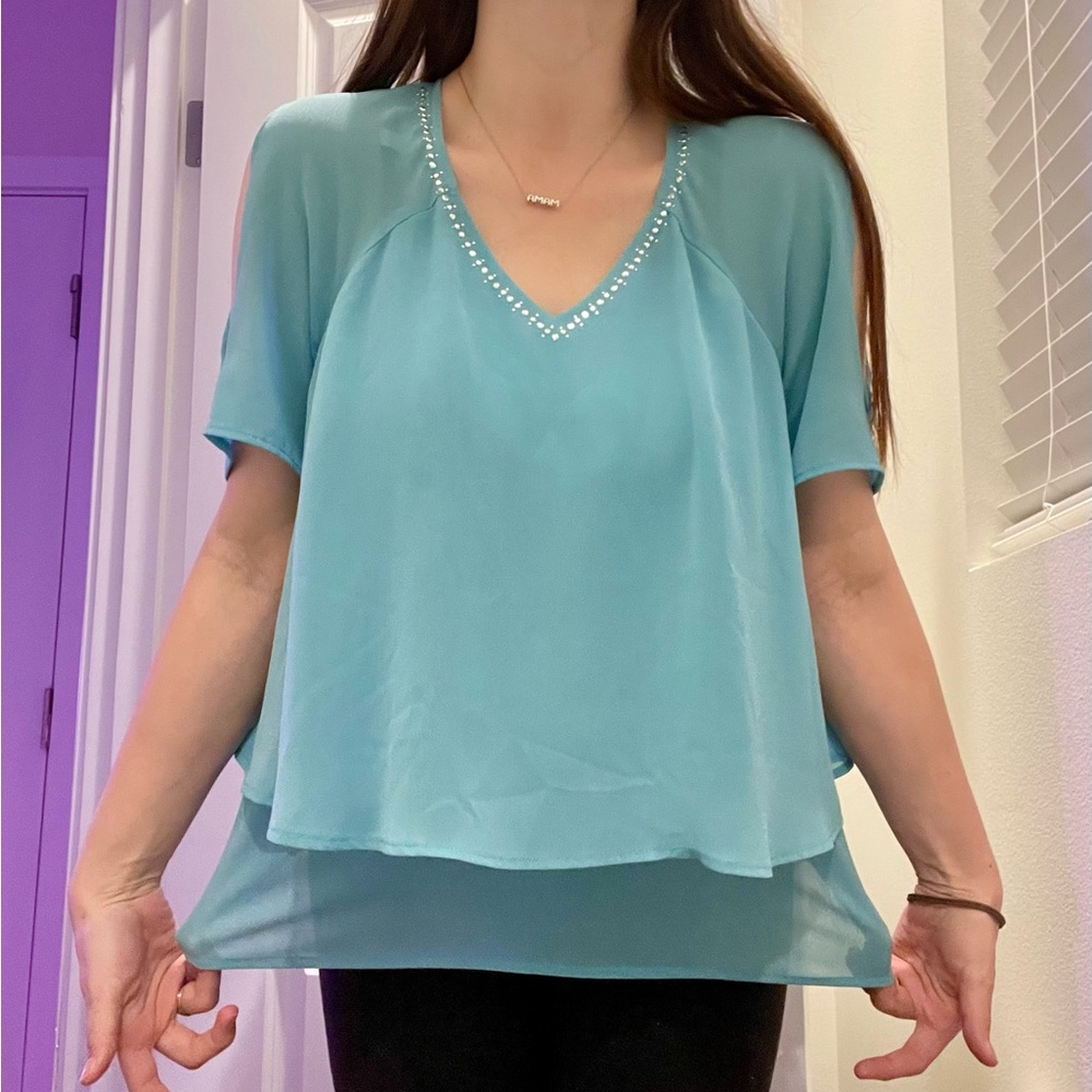 Y2K Juicy Couture XL Flowy Baby Blue Blouse with Silver Rhinestones